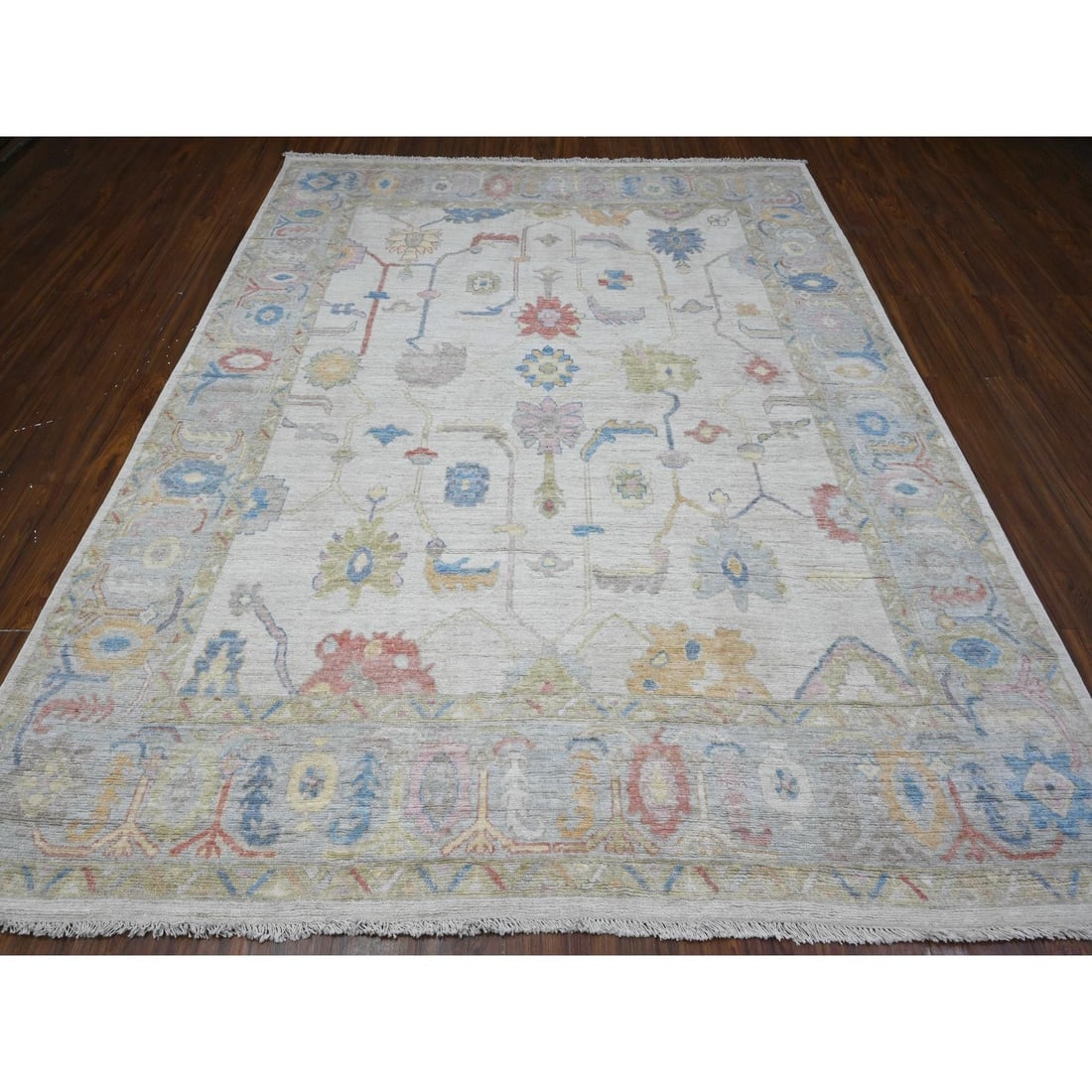 Silver Gray Hand Knotted Afghan Wool Weft Angora Oushak Oriental Rug - 2