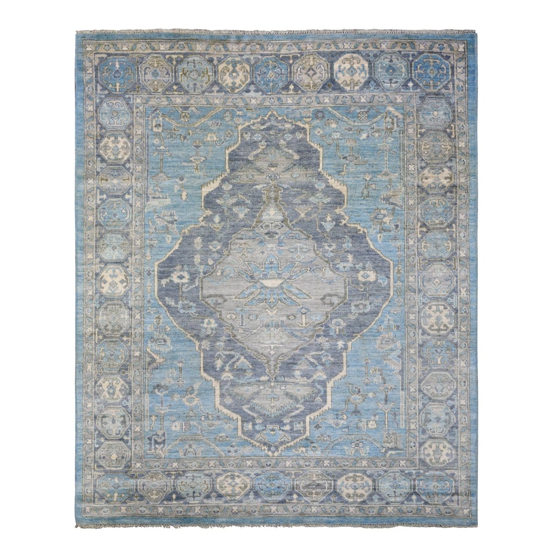 Light Blue, Hand Knotted Anatolian Village Inspired Wool Rug: Title: Light Blue, Hand Knotted Anatolian Village Inspired Wool Rug Description: This is a truly genuine one-of-a-kind. It has been Knotted for months and months in the centuries-old weaving craftsman