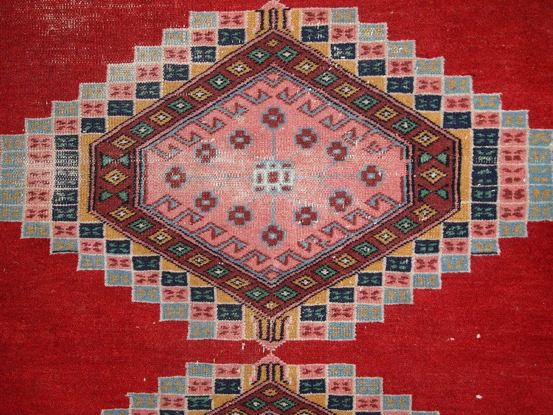Handmade vintage distressed Uzbek Bukhara rug 4.2' x 6.5' (128cm x 199cm) 1960s - 6