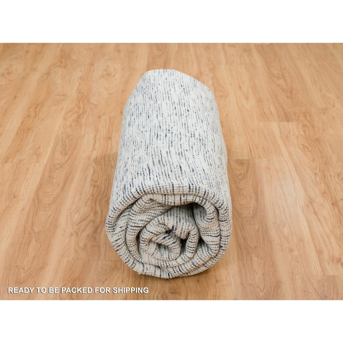 Blue and Ivory, Pure Wool, Hand Loomed Modern Striae Design Round Rug - 9