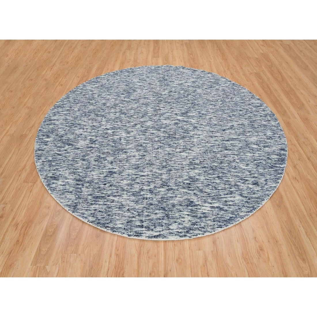 Blue and Ivory, Pure Wool, Hand Loomed Modern Striae Design Round Rug - 2