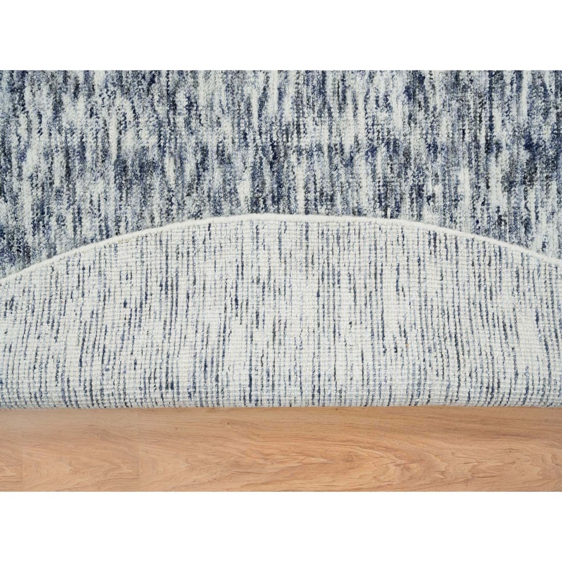 Blue and Ivory, Pure Wool, Hand Loomed Modern Striae Design Round Rug - 4