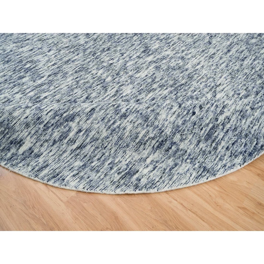 Blue and Ivory, Pure Wool, Hand Loomed Modern Striae Design Round Rug - 6
