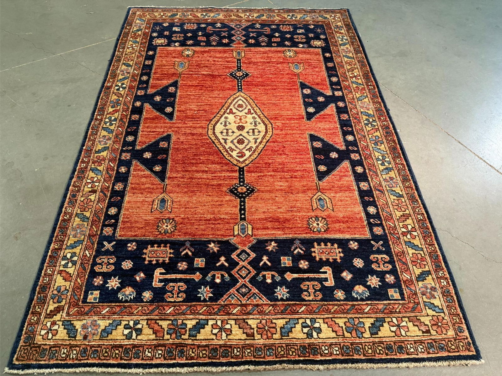 Stunning Kazak Rug 4.2x6.2: Title:Stunning Kazak Rug 4.2x6.2Description:Fine Authentic Super quality Kazak rug in rare and unique design high sheen beautiful muted red dark Blue and multi accent colors 100% hand spun ,Veggie