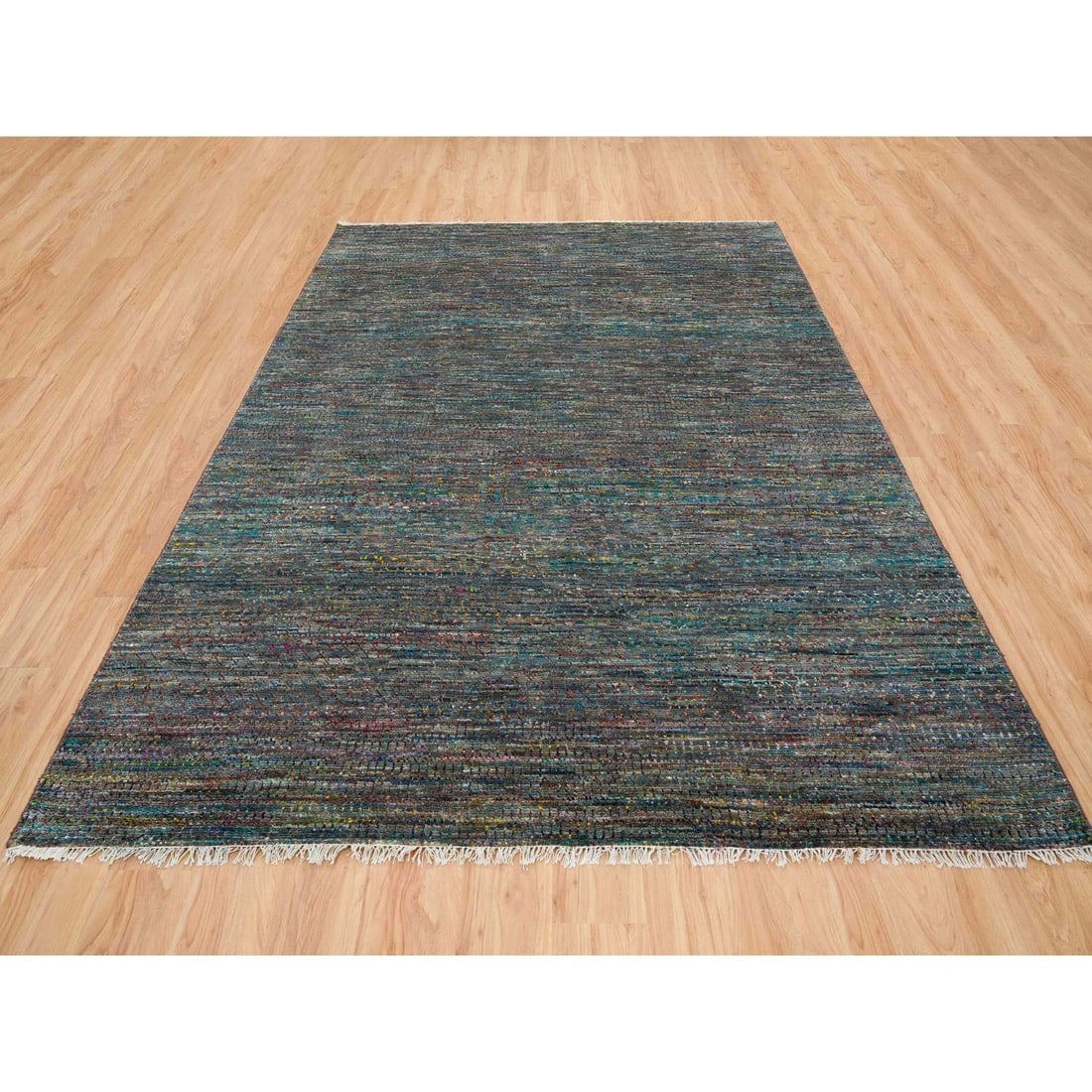 Colorful, Modern Striae Design, Wool and Sari Silk Hand Knotted Rug - 2