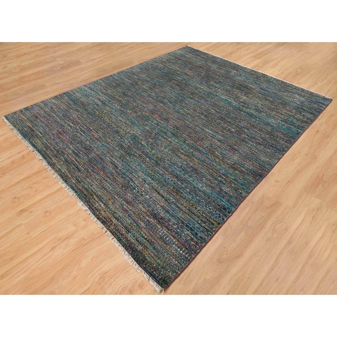 Colorful, Modern Striae Design, Wool and Sari Silk Hand Knotted Rug - 3