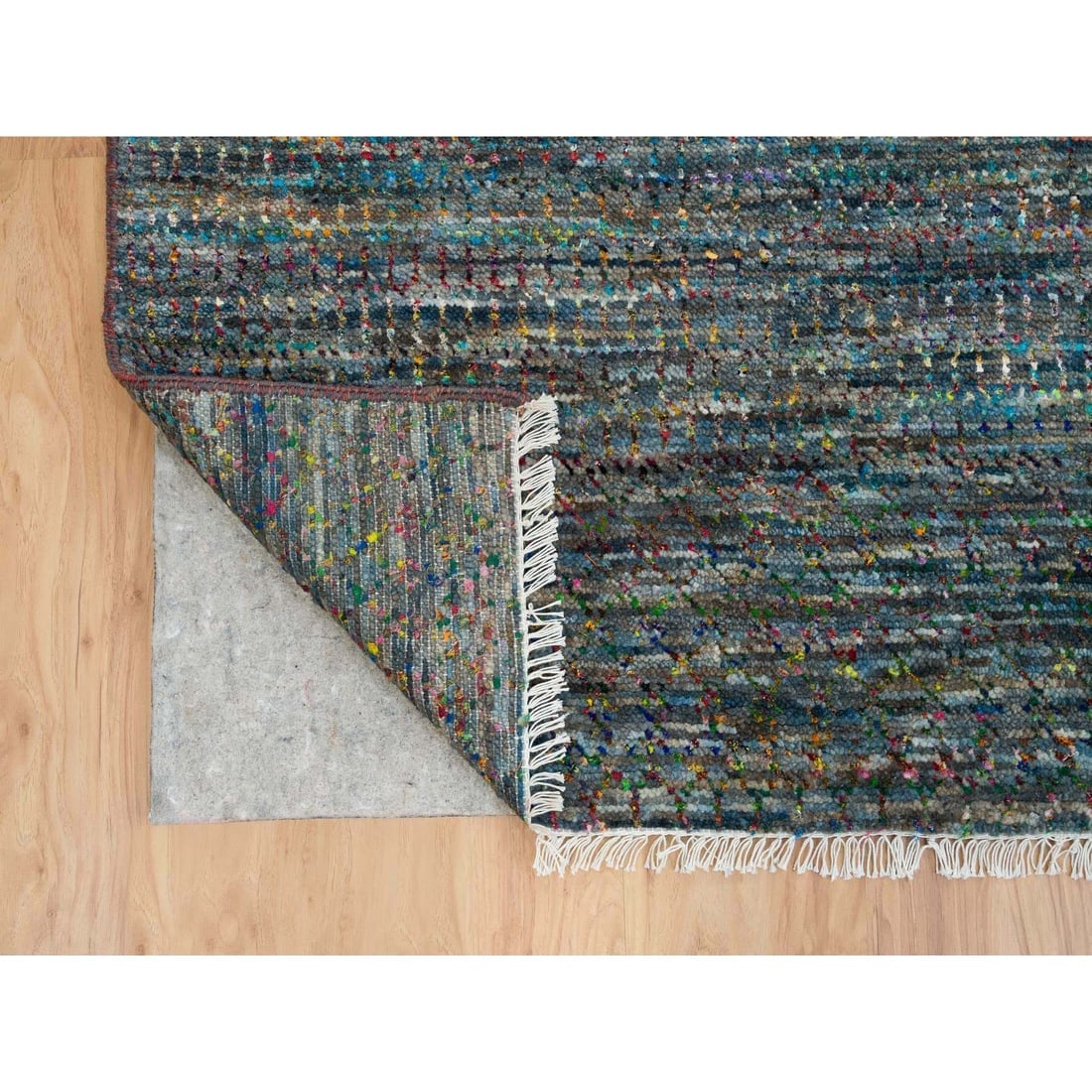 Colorful, Modern Striae Design, Wool and Sari Silk Hand Knotted Rug - 4