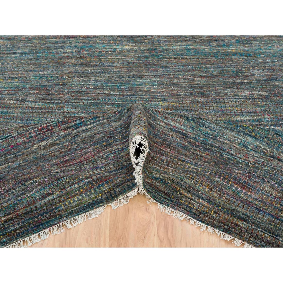 Colorful, Modern Striae Design, Wool and Sari Silk Hand Knotted Rug - 5