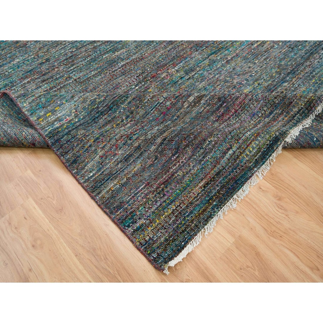 Colorful, Modern Striae Design, Wool and Sari Silk Hand Knotted Rug - 6