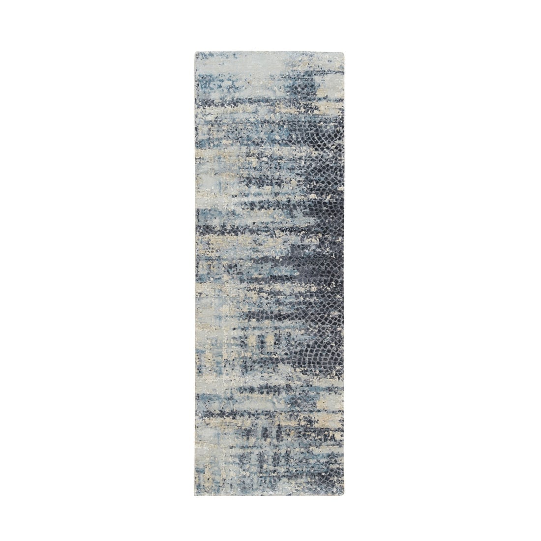 Blue, Modern Abstract Design, Wool and Silk Hand Knotted Runner Rug: Title: Blue, Modern Abstract Design, Wool and Silk Hand Knotted Runner Rug Description: This is a truly genuine one-of-a-kind. It has been Knotted for months and months in the centuries-old weaving cr