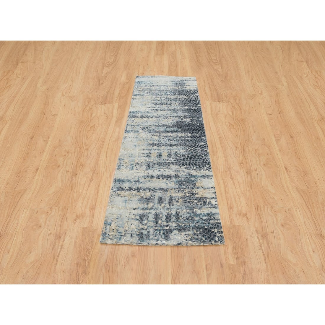 Blue, Modern Abstract Design, Wool and Silk Hand Knotted Runner Rug - 2