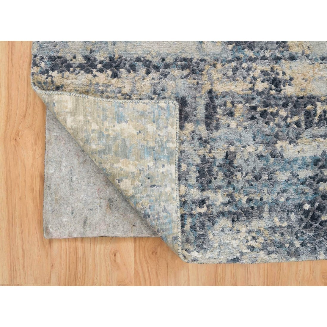 Blue, Modern Abstract Design, Wool and Silk Hand Knotted Runner Rug - 3