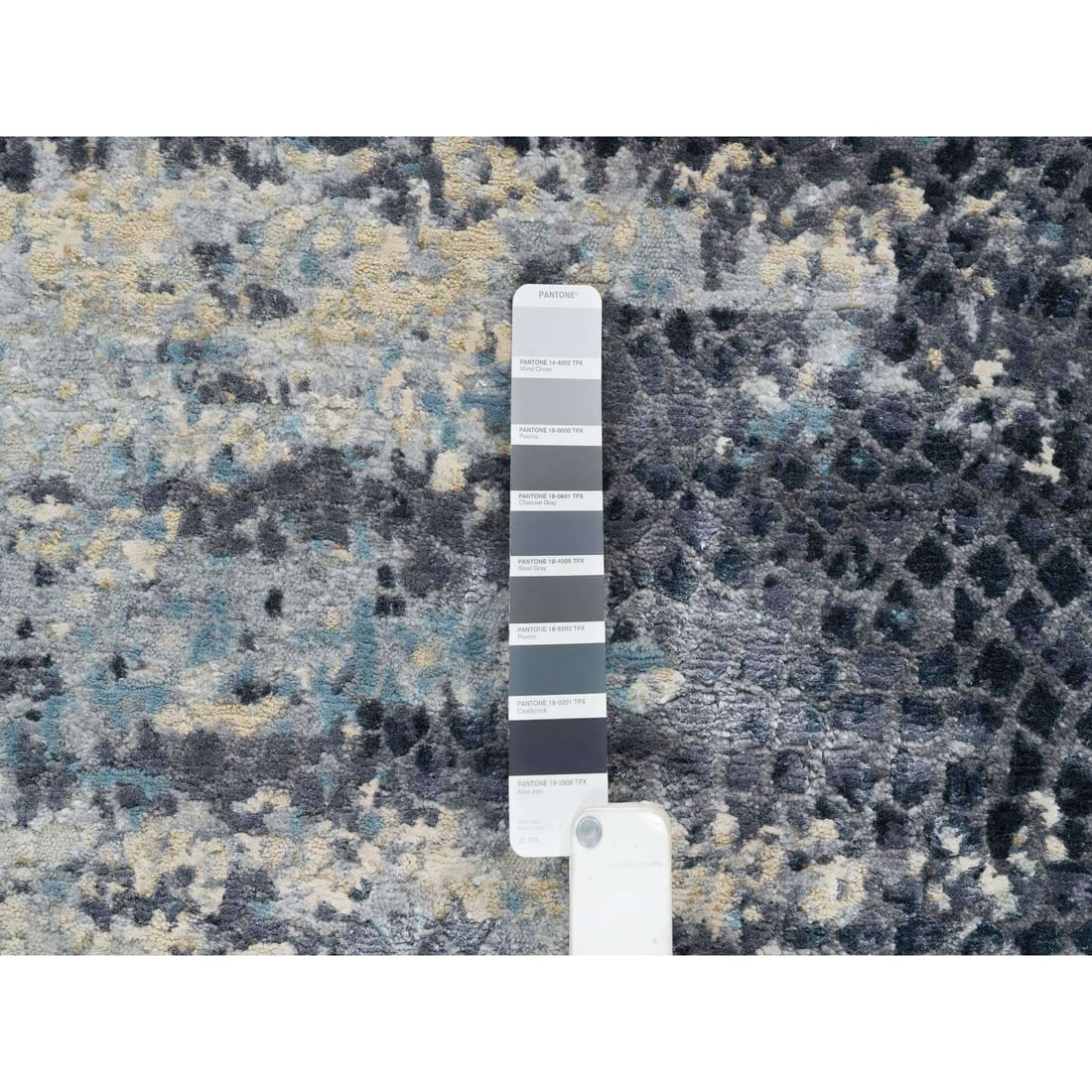 Blue, Modern Abstract Design, Wool and Silk Hand Knotted Runner Rug - 4