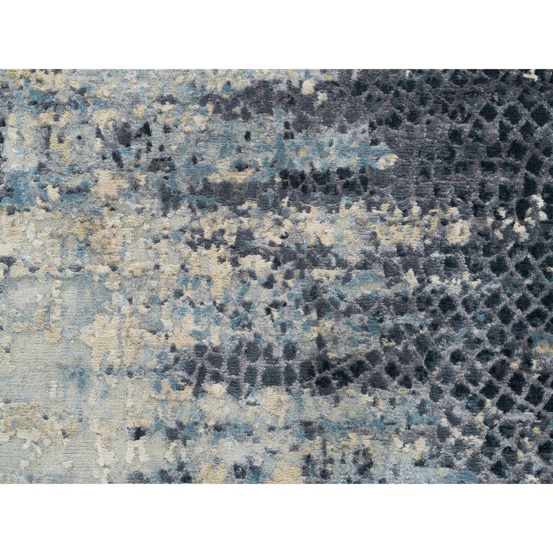 Blue, Modern Abstract Design, Wool and Silk Hand Knotted Runner Rug - 5