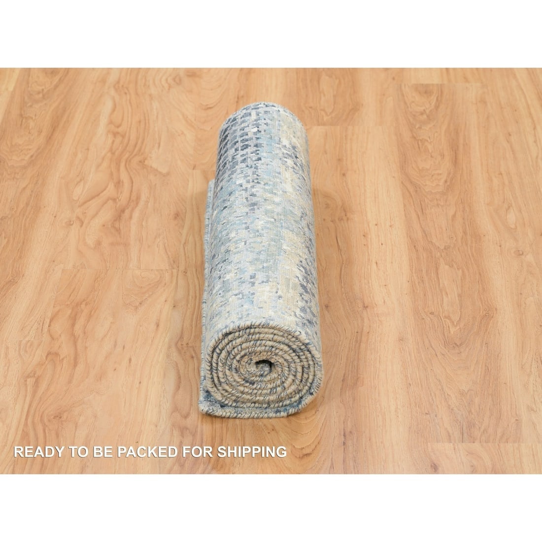 Blue, Modern Abstract Design, Wool and Silk Hand Knotted Runner Rug - 6