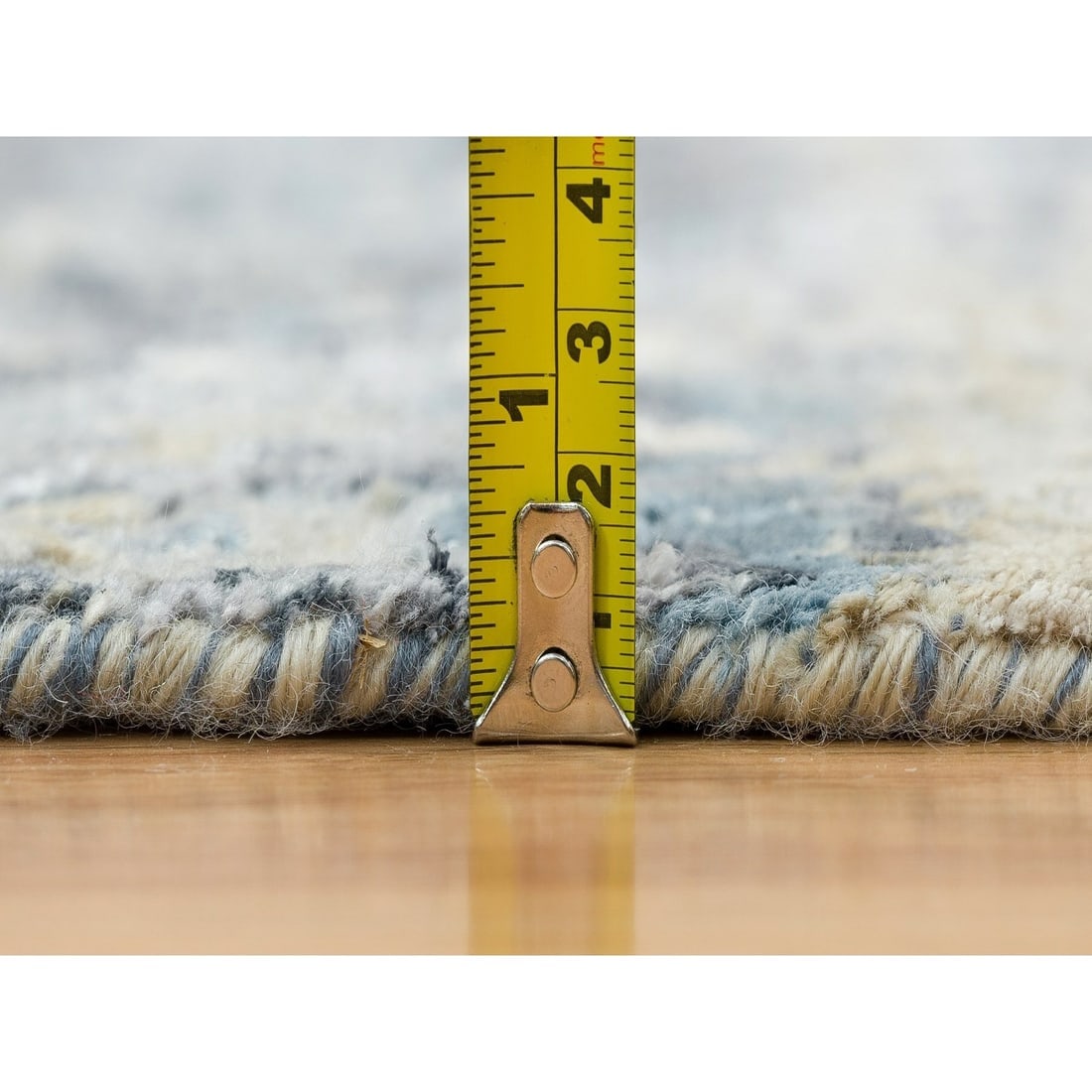 Blue, Modern Abstract Design, Wool and Silk Hand Knotted Runner Rug - 7