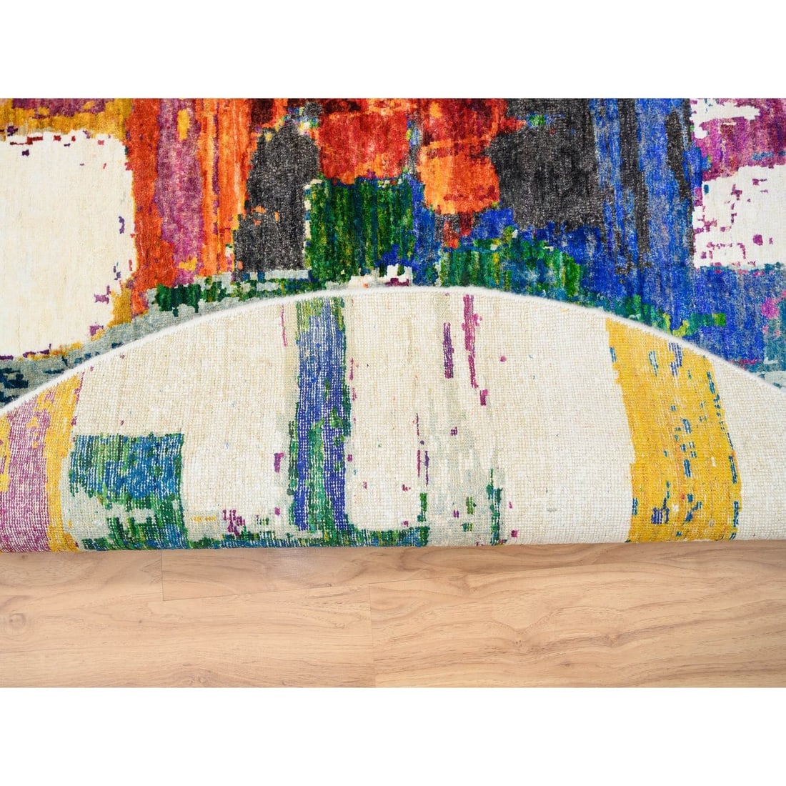 Colorful, Modern Abstract Motifs, Wool and Silk Hand Knotted Round Rug - 3