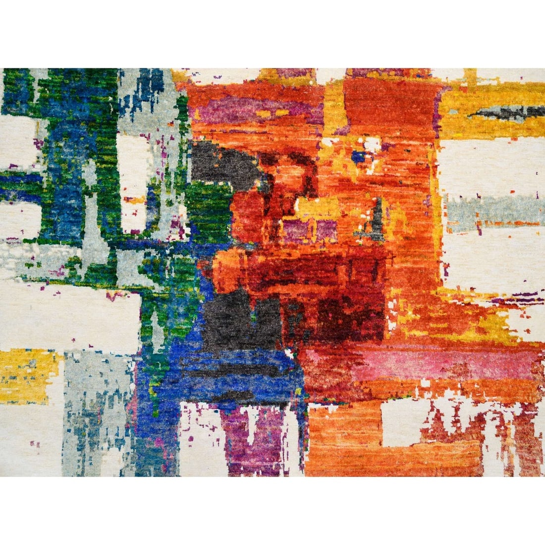 Colorful, Modern Abstract Motifs, Wool and Silk Hand Knotted Round Rug - 5