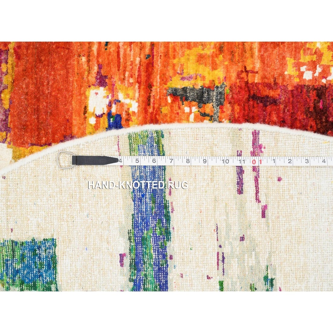 Colorful, Modern Abstract Motifs, Wool and Silk Hand Knotted Round Rug - 8