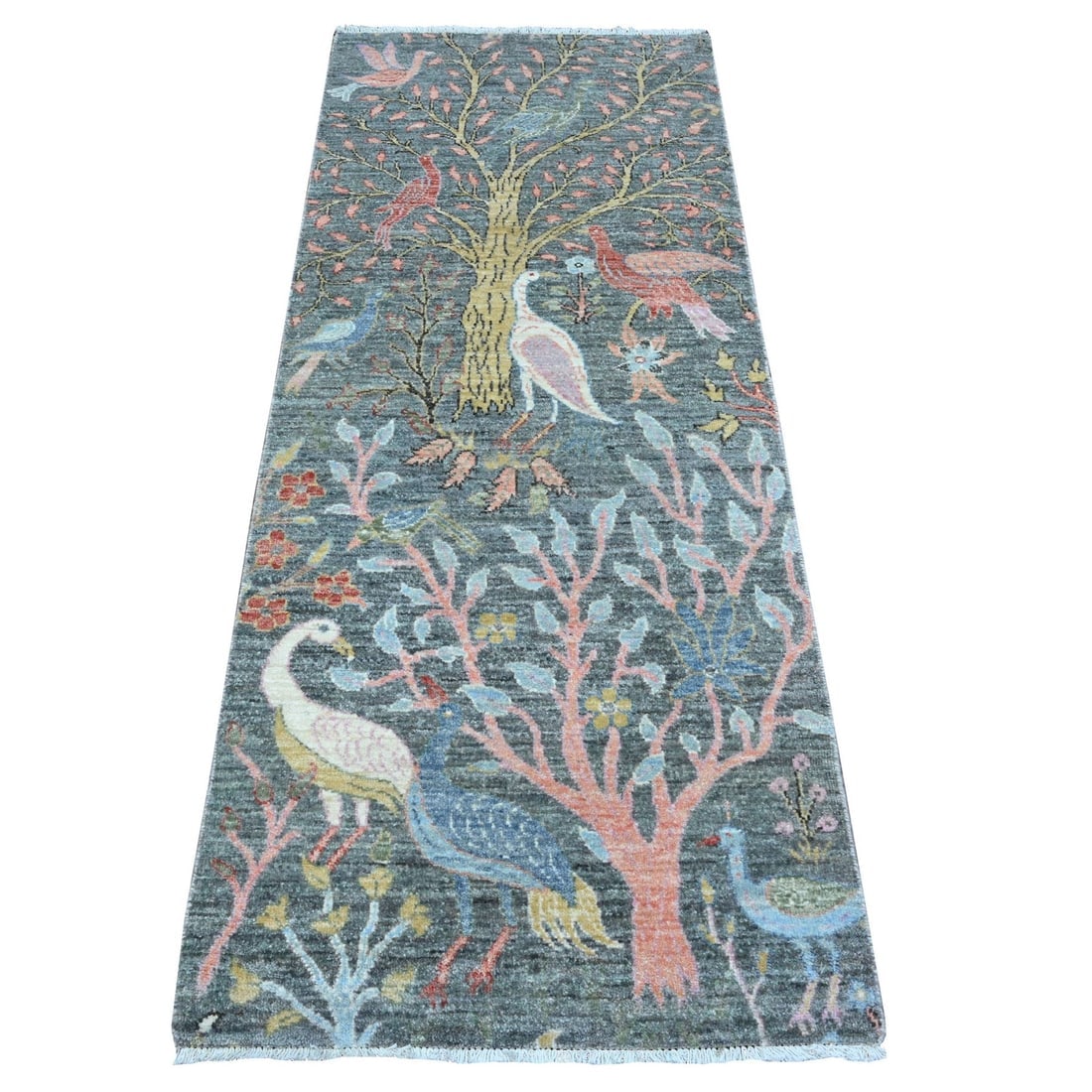 Slate Gray Hand Knotted Soft Wool Birds Paradise Peshawar Runner Rug: Title: Slate Gray Hand Knotted Soft Wool Birds Paradise Peshawar Runner RugDescription: This is a truly genuine one-of-a-kind. It has been Knotted for months and months in the centuries-old weaving
