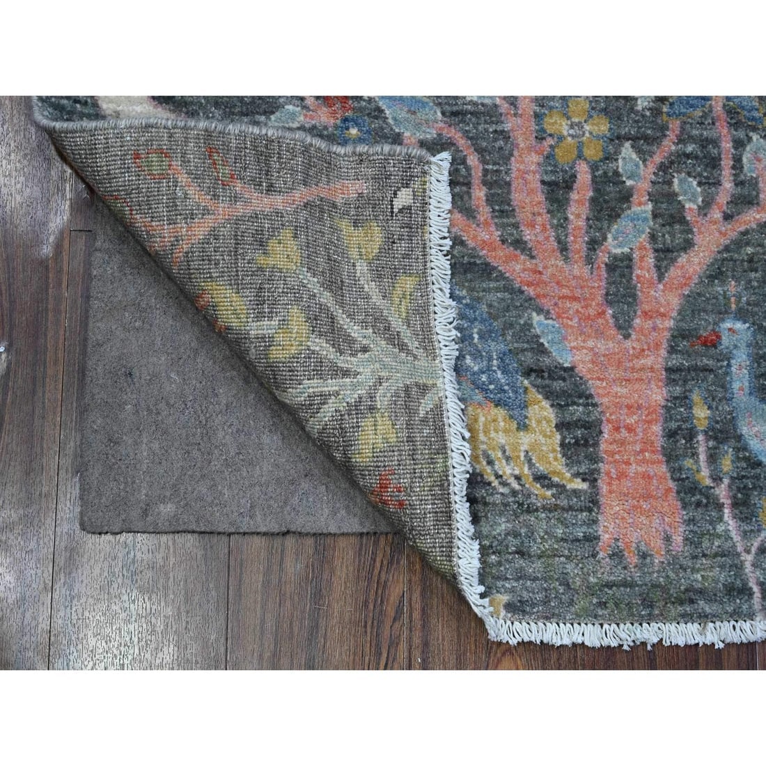 Slate Gray Hand Knotted Soft Wool Birds Paradise Peshawar Runner Rug - 2