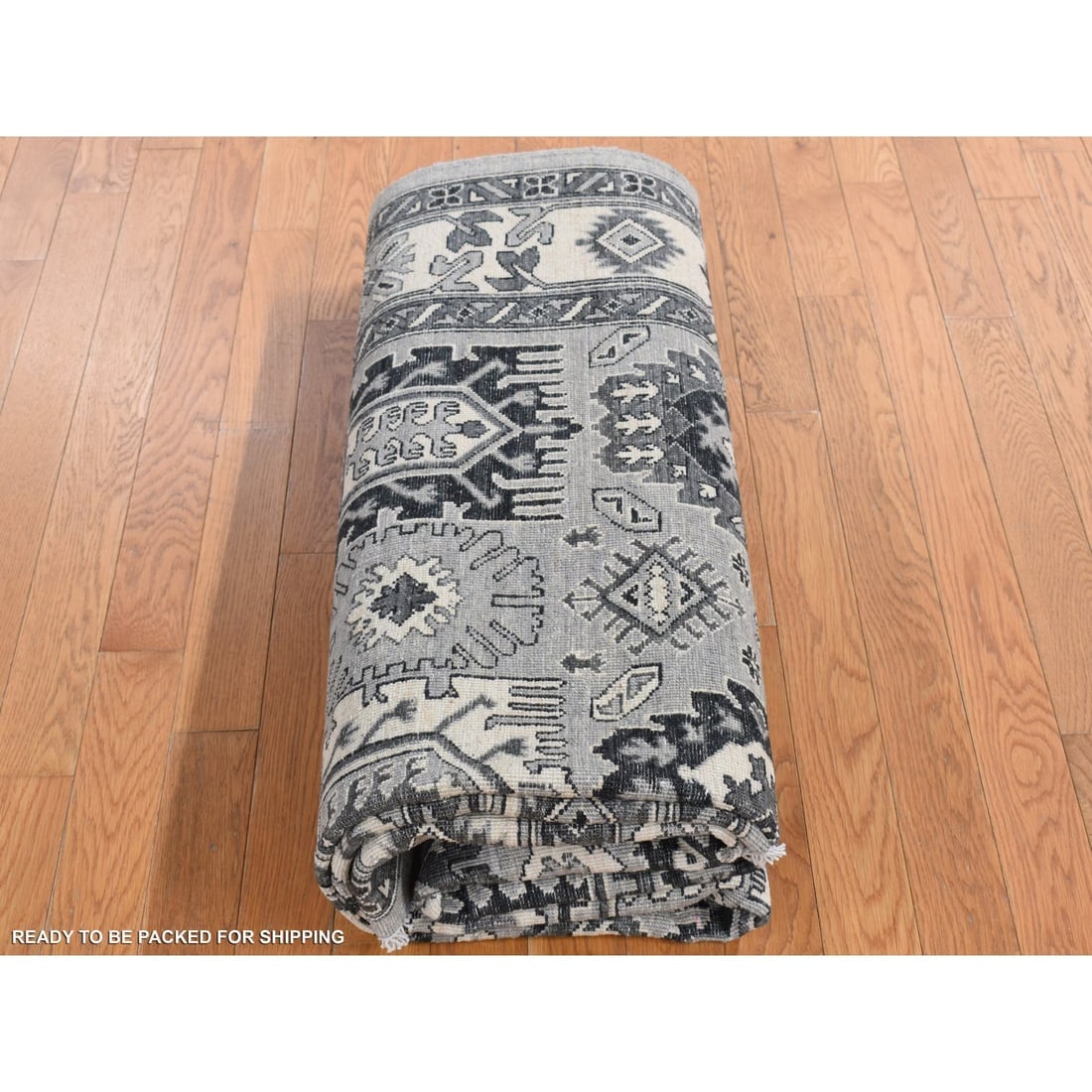Medium Gray, Pure Wool, Hand Knotted, Peshawar with Karajeh Design Rug - 9
