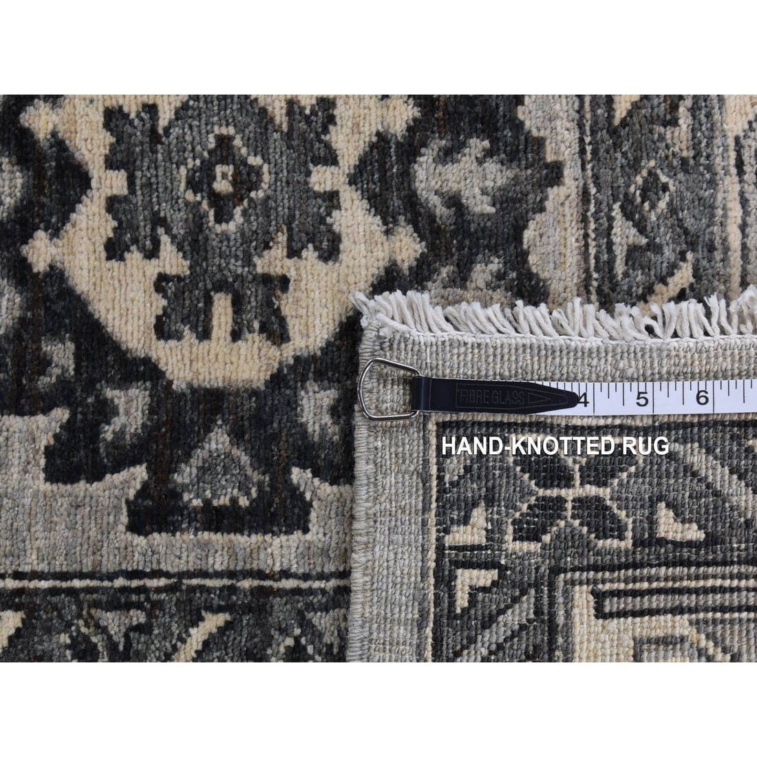 Medium Gray, Pure Wool, Hand Knotted, Peshawar with Karajeh Design Rug - 11