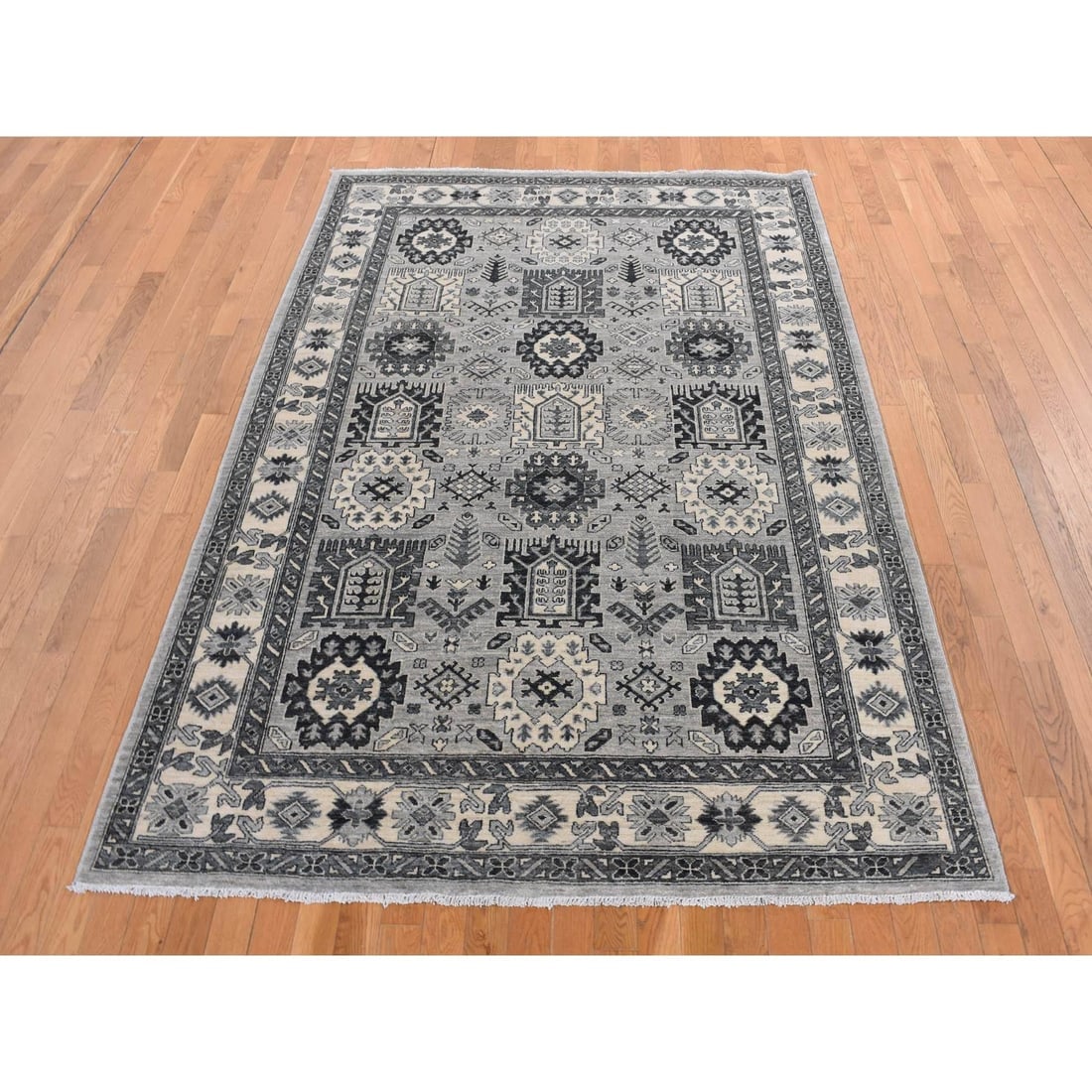 Medium Gray, Pure Wool, Hand Knotted, Peshawar with Karajeh Design Rug - 2