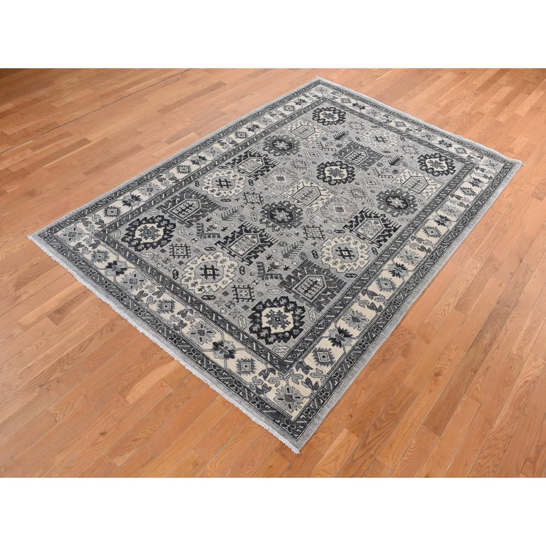 Medium Gray, Pure Wool, Hand Knotted, Peshawar with Karajeh Design Rug - 3
