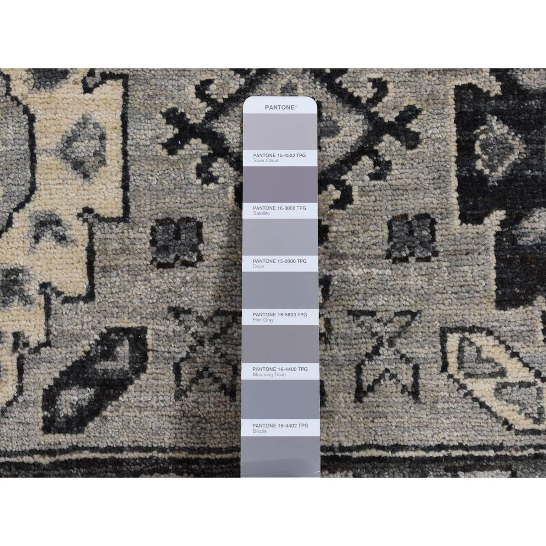 Medium Gray, Pure Wool, Hand Knotted, Peshawar with Karajeh Design Rug - 7