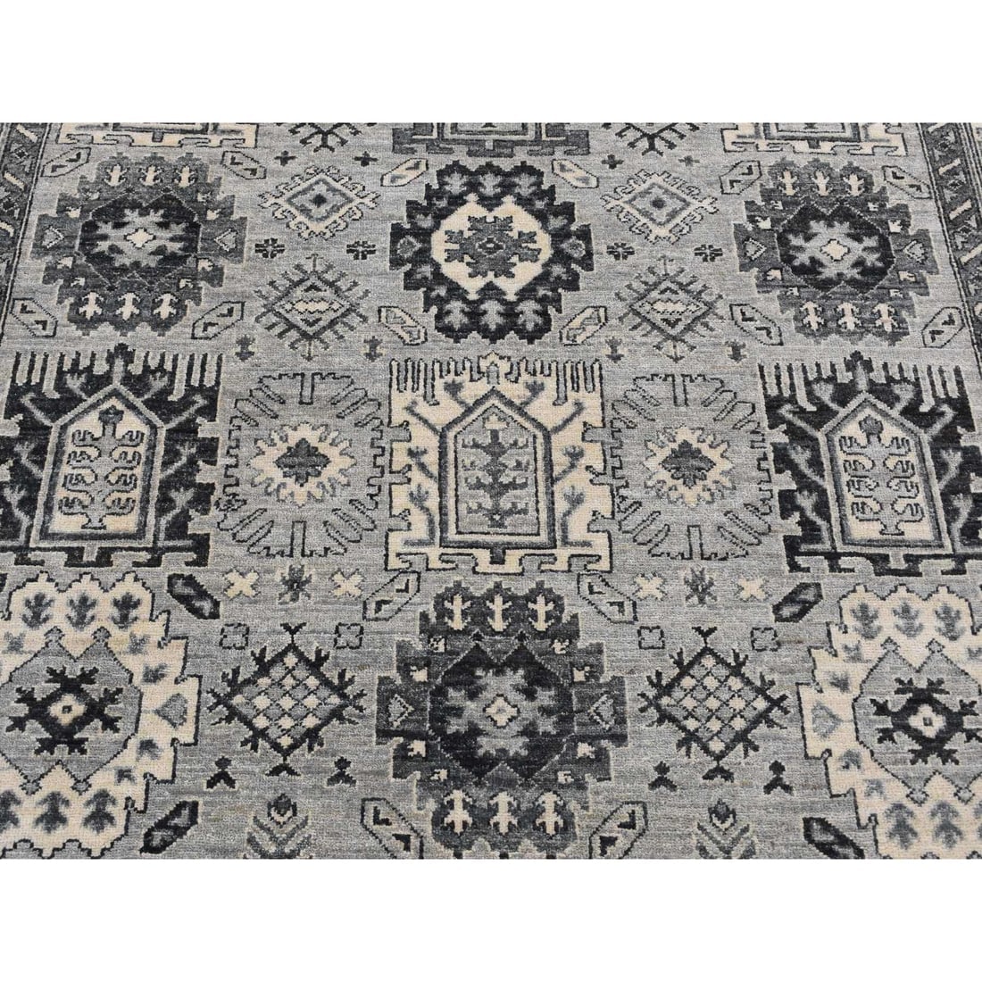 Medium Gray, Pure Wool, Hand Knotted, Peshawar with Karajeh Design Rug - 8
