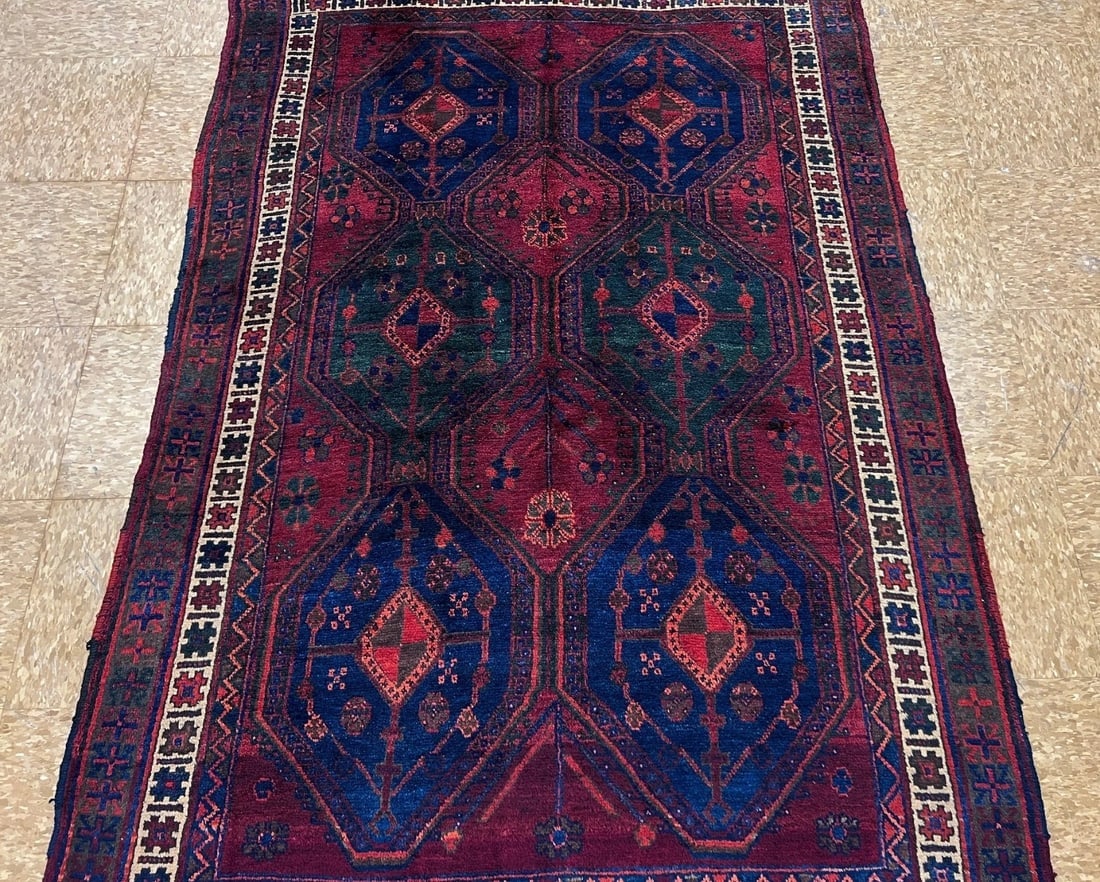 Hand-Knotted Antique Persian Afshar Maroon Wool Tribal Oriental Area Rug 4'2" x 6'5" - 3