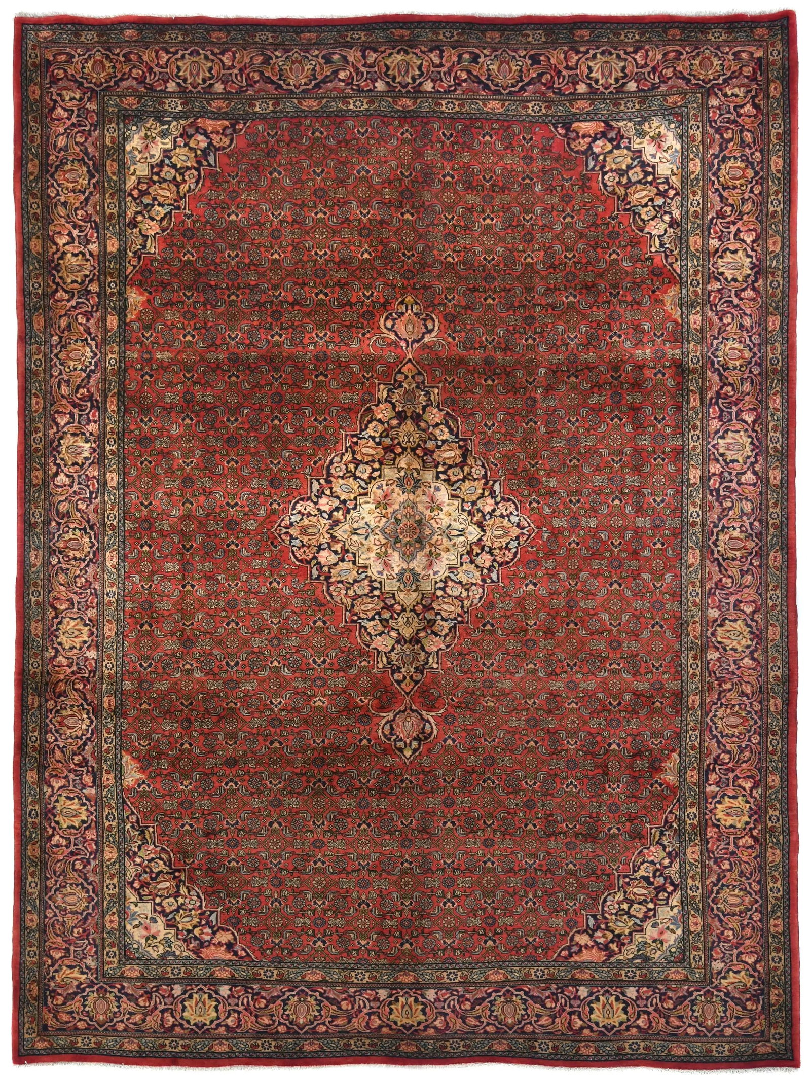 Vintage Orange-red Tribal Floral 10X13 Bidjar Persian Rug: Title: Vintage Orange-red Tribal Floral 10X13 Bidjar Persian Rug Description:This Bidjar 10X13 orange-red Persian rug features a handmade weaving technique, great texture of wool fabric, fascinating f