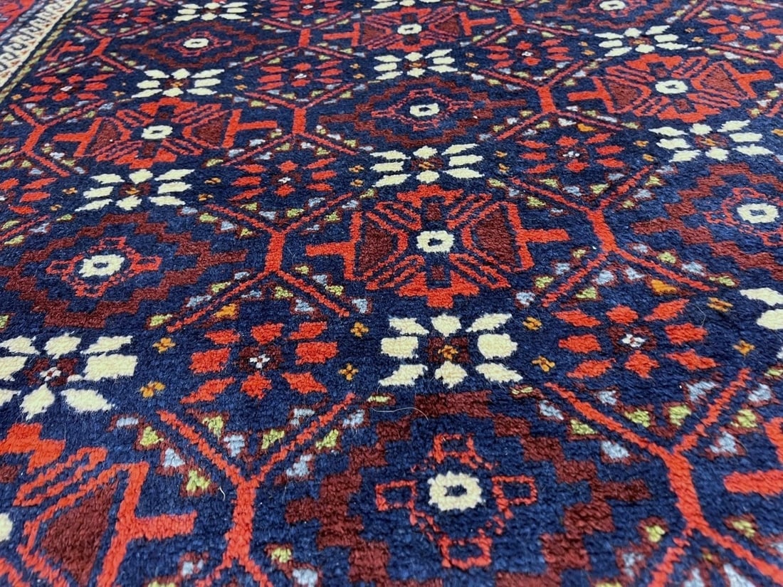 Antique Persian Balouch Tribal Rug Navy Hand-Knotted Wool Geometric 4' x 7'8" - 7