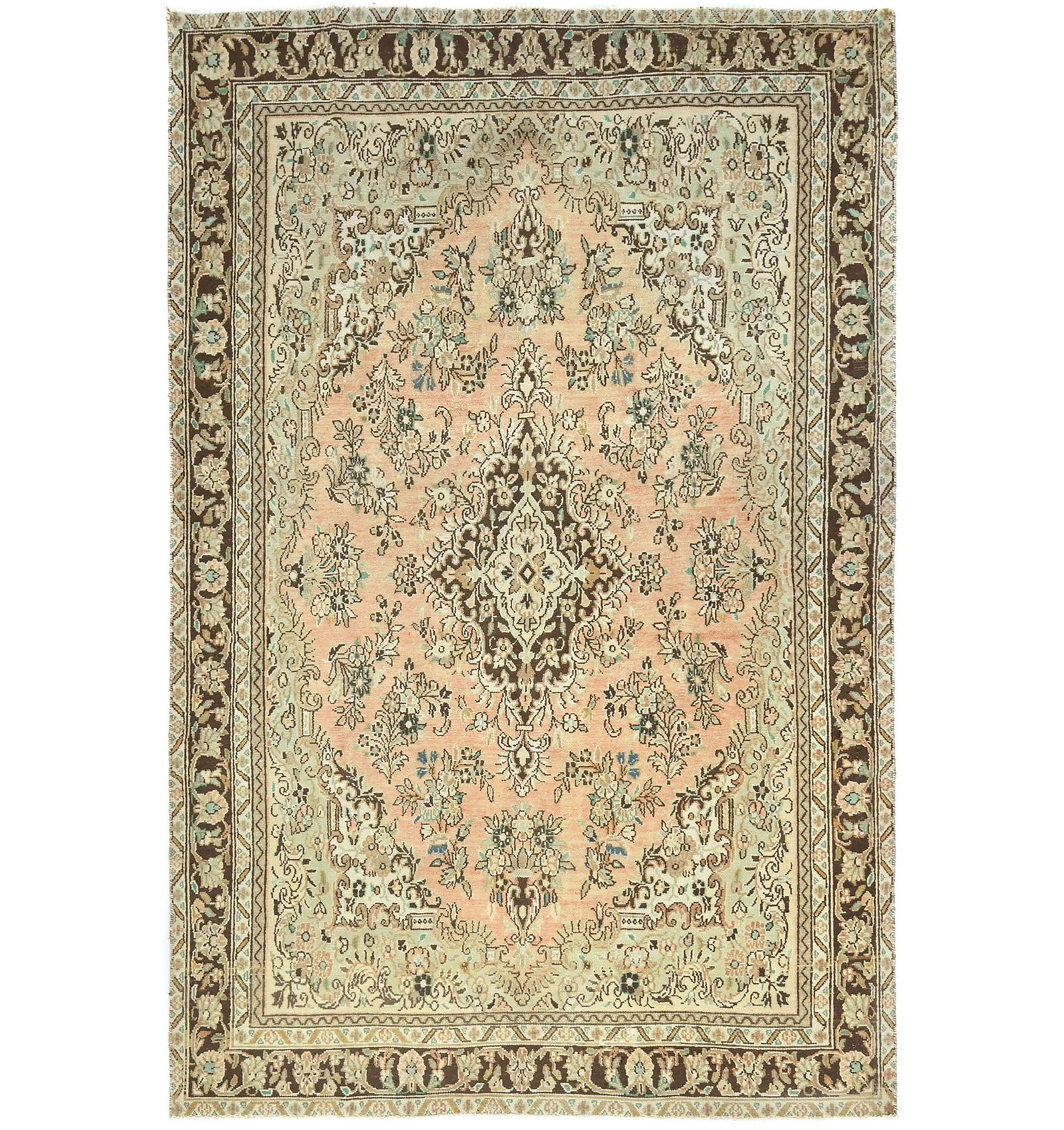 Semi Antique Muted Floral 7X10 Distressed Vintage Oriental Rug: Title: Semi Antique Muted Floral 7X10 Distressed Vintage Oriental Rug Description: Semi-antique Oriental rug, hand-knotted with cotton foundation Traditional style with detailed floral pattern Muted p