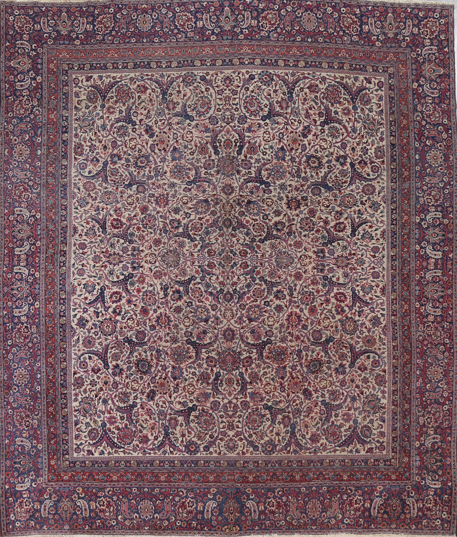 Pre-1900 Antique Vegetable Dye Mashad Persian Square Rug 12x12: Title:Pre-1900 Antique Vegetable Dye Mashad Persian Square Rug 12x12Origin:A Beautiful Genuine Iran ( Persia ) Mashad (Signed) rug is Hand Knotted by skillful weavers in Iran ( Persia ) with 100%