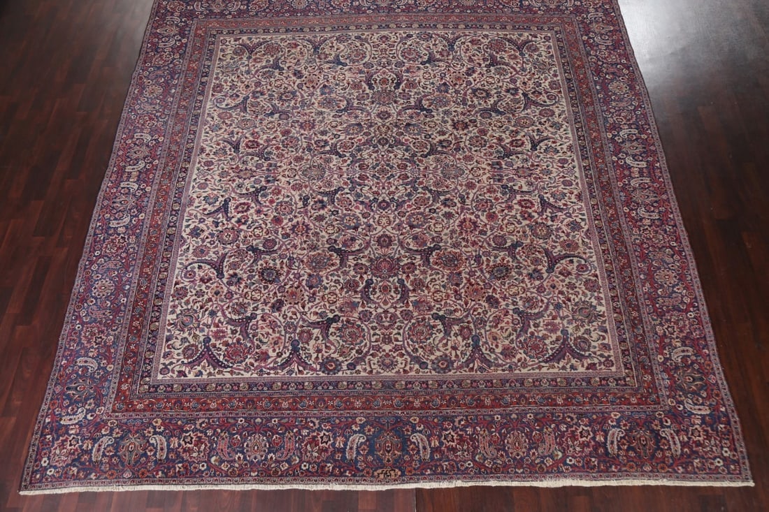 Pre-1900 Antique Vegetable Dye Mashad Persian Square Rug 12x12 - 6