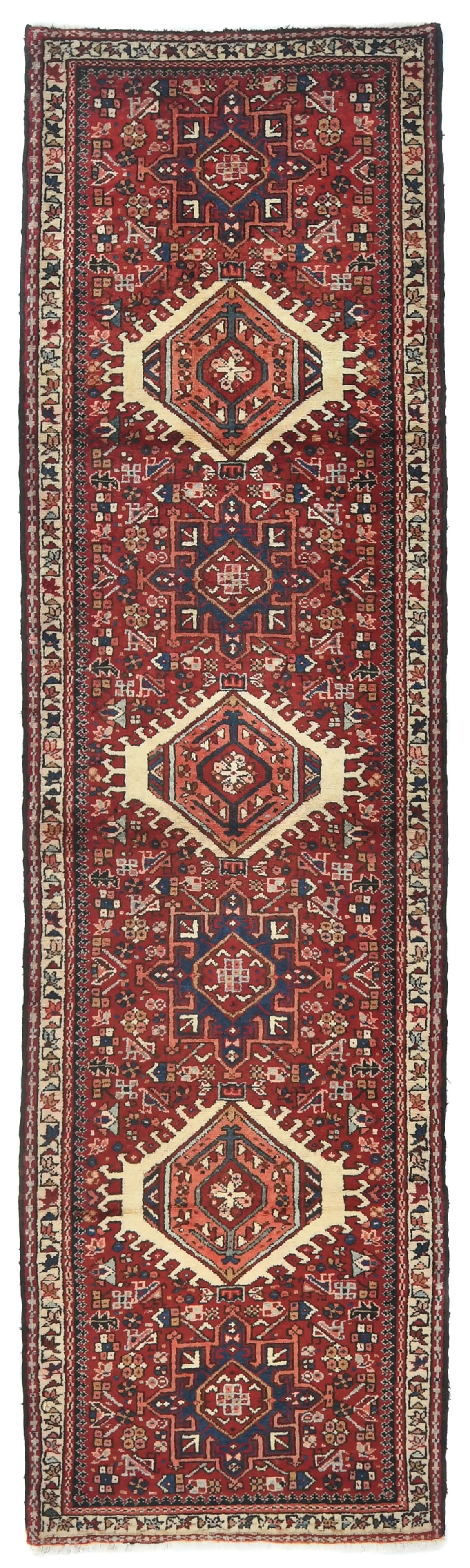 Vintage Red Tribal 3X10 Karajeh Persian Runner Rug: Title: Vintage Red Tribal 3X10 Karajeh Persian Runner RugDescription:Hand Knotted 3X10 red Persian runner made with vegetable dyes (fine wool pile and cotton foundation), exceptional knot count, and