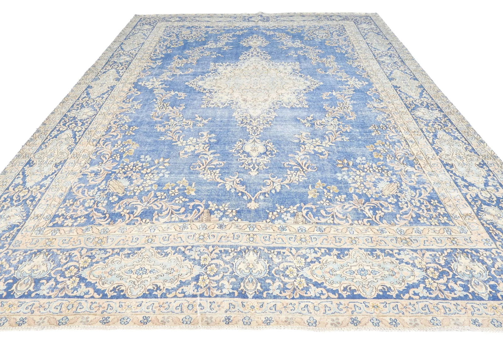 Antique Muted Blue Floral 10X14 Distressed Vintage Oriental Rug - 2