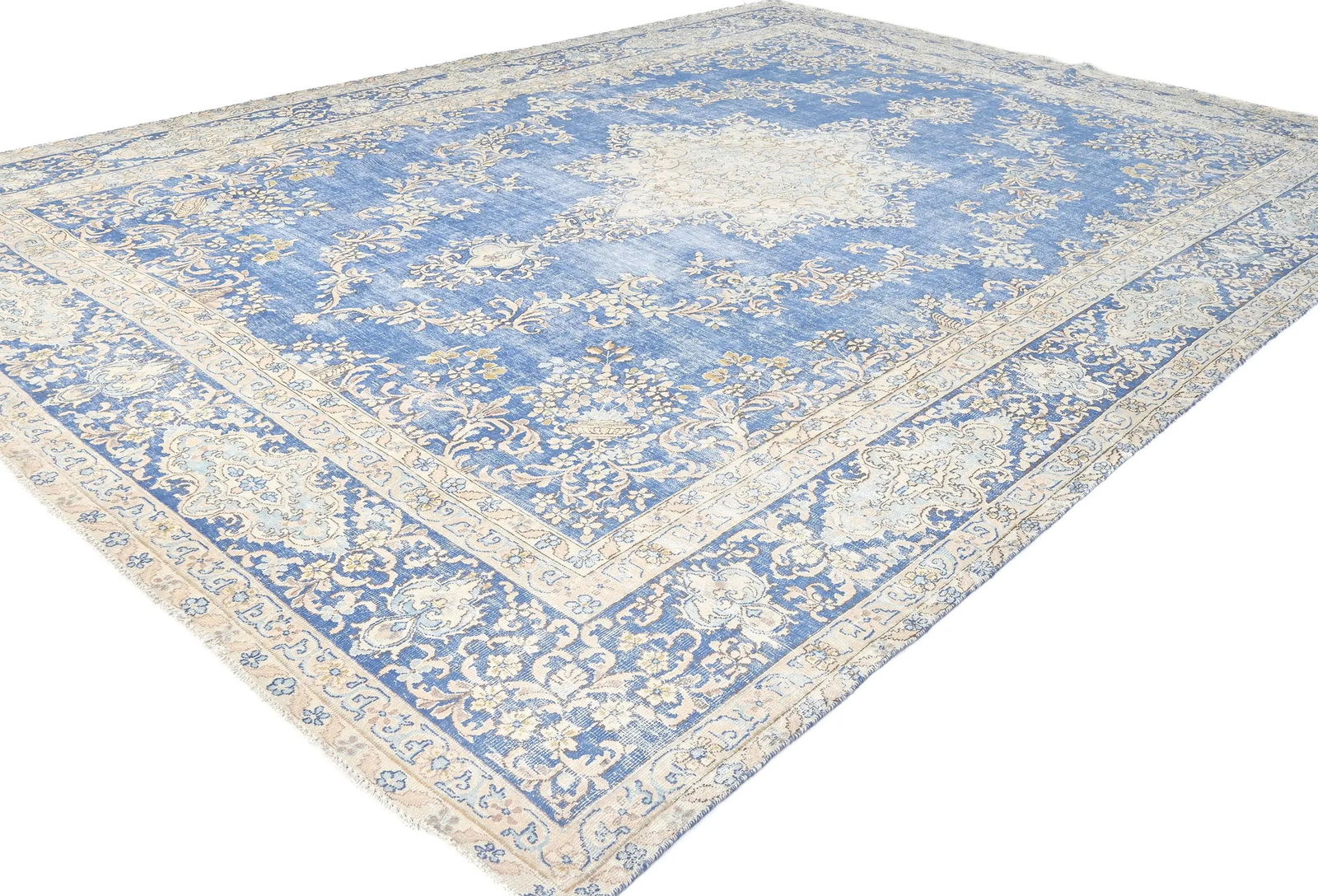 Antique Muted Blue Floral 10X14 Distressed Vintage Oriental Rug - 3