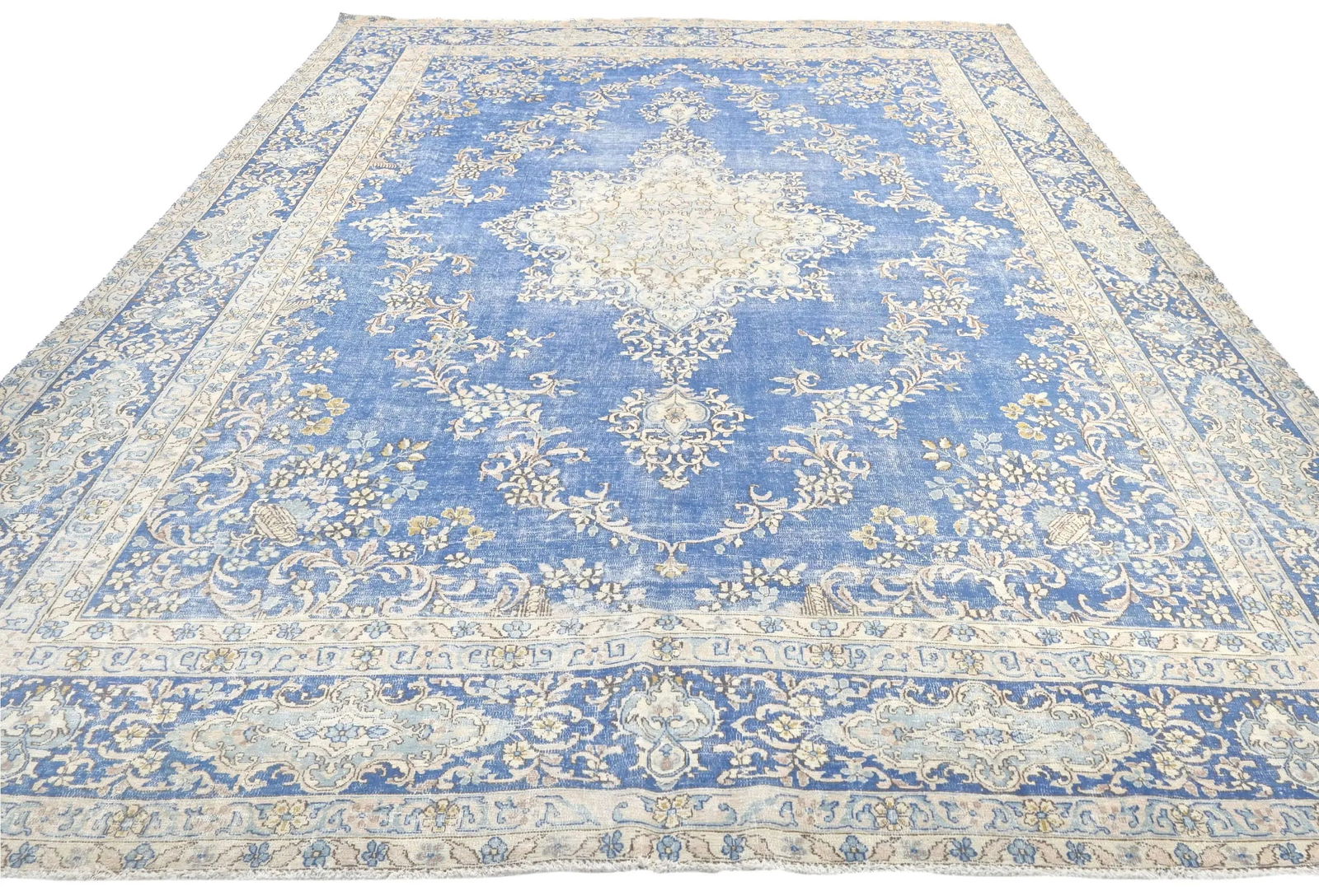 Antique Muted Blue Floral 10X14 Distressed Vintage Oriental Rug - 9