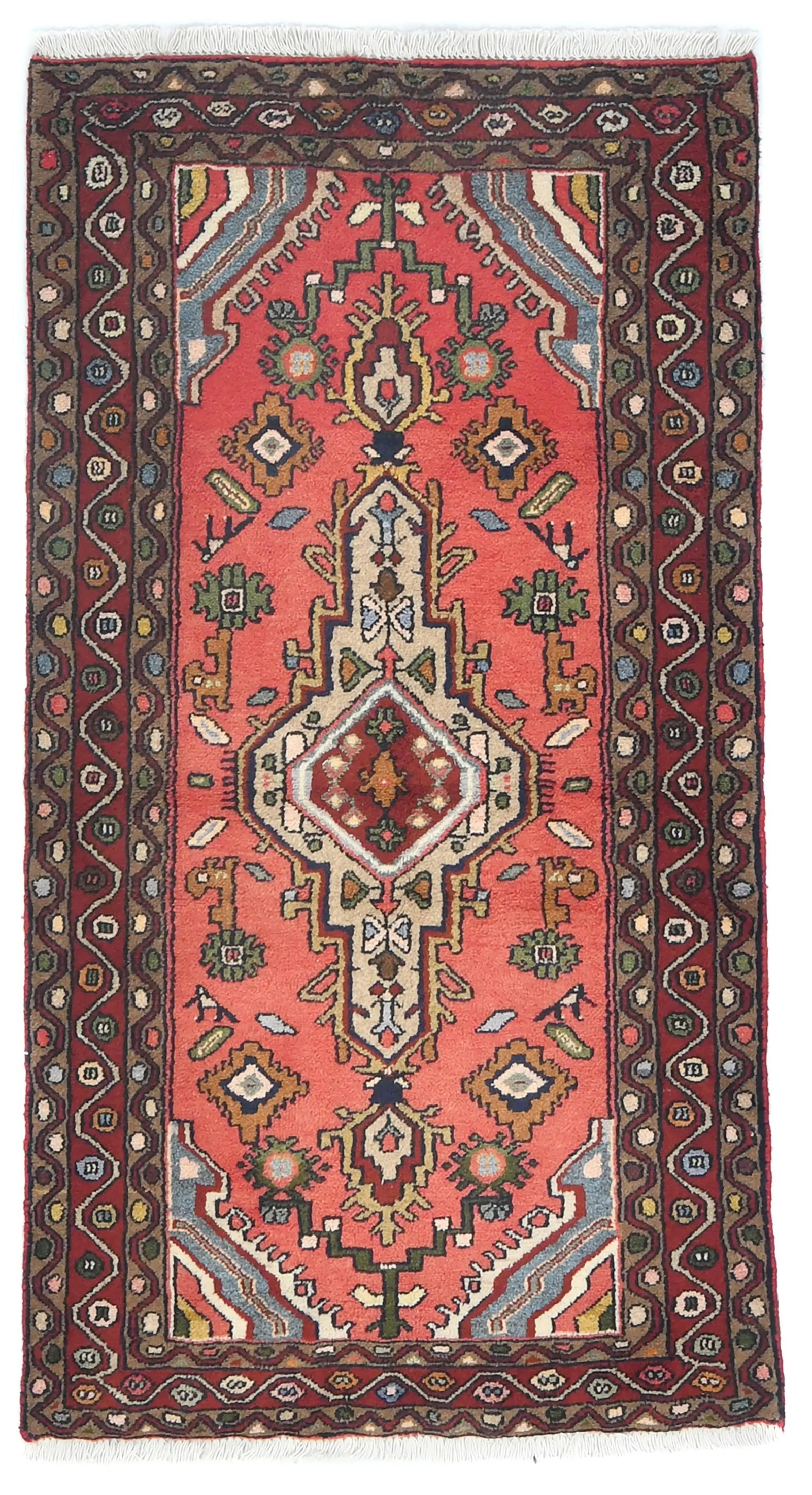 Vintage Bittersweet Red Floral Tribal 3X5 Hamedan Persian Rug: Title: Vintage Bittersweet Red Floral Tribal 3X5 Hamedan Persian RugDescription:Handmade vintage 3X5 Bittersweet Red Persian rug made with vegetable dyes (fine wool pile and cotton foundation),