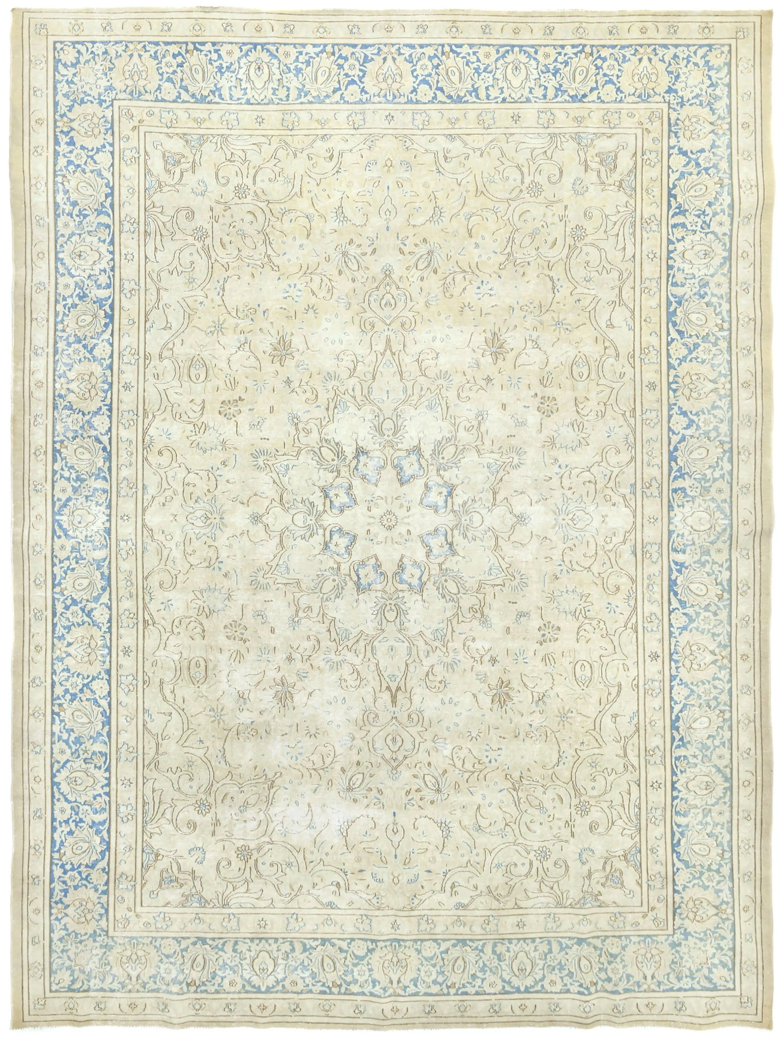 Antique Muted Beige Floral 9X12 Distressed Vintage Oriental Rug: Title: Antique Muted Beige Floral 9X12 Distressed Vintage Oriental Rug Description:Handmade 9X12 beige Oriental rug made with vegetable dyes (fine wool pile and cotton foundation), superior knot count
