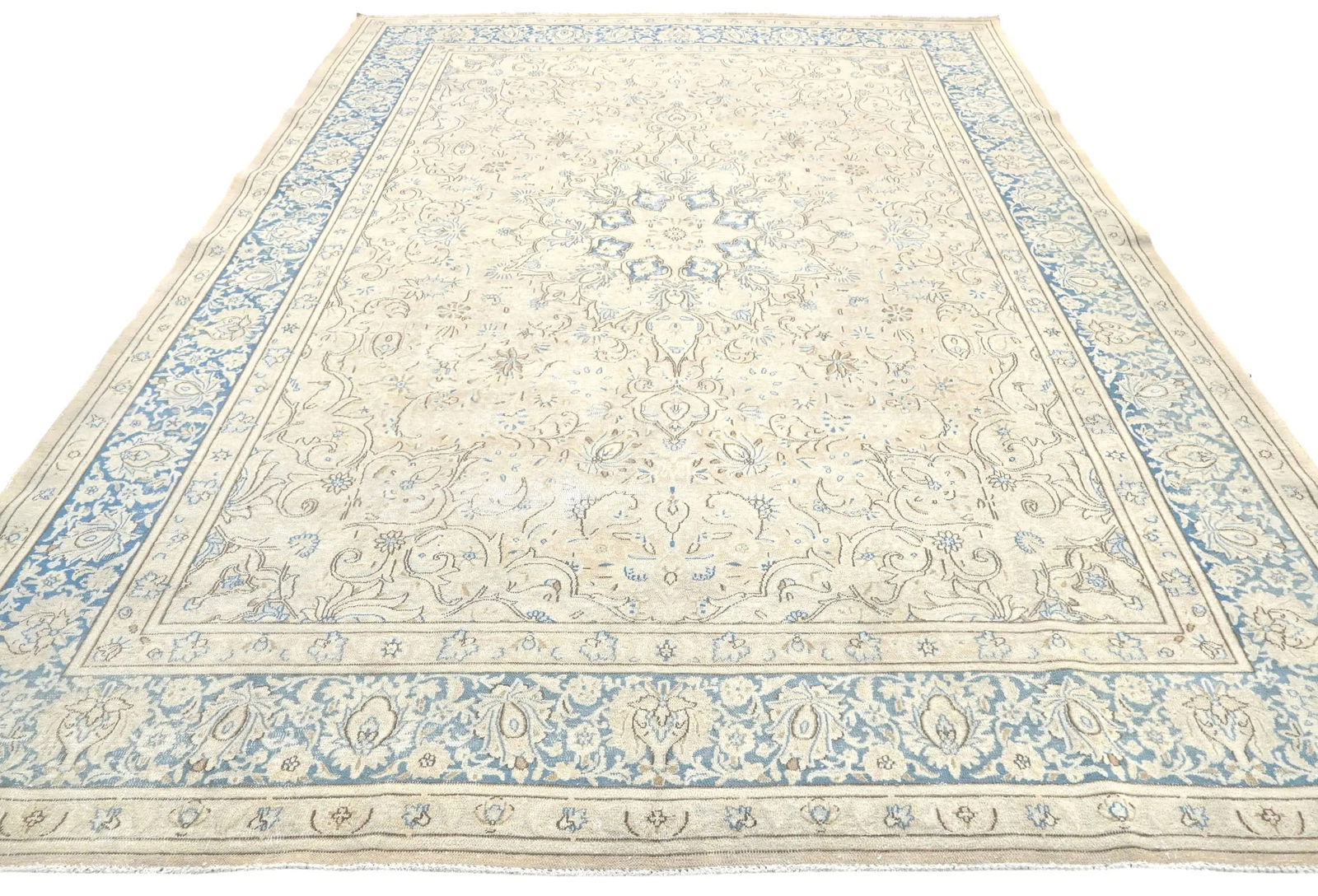 Antique Muted Beige Floral 9X12 Distressed Vintage Oriental Rug - 8