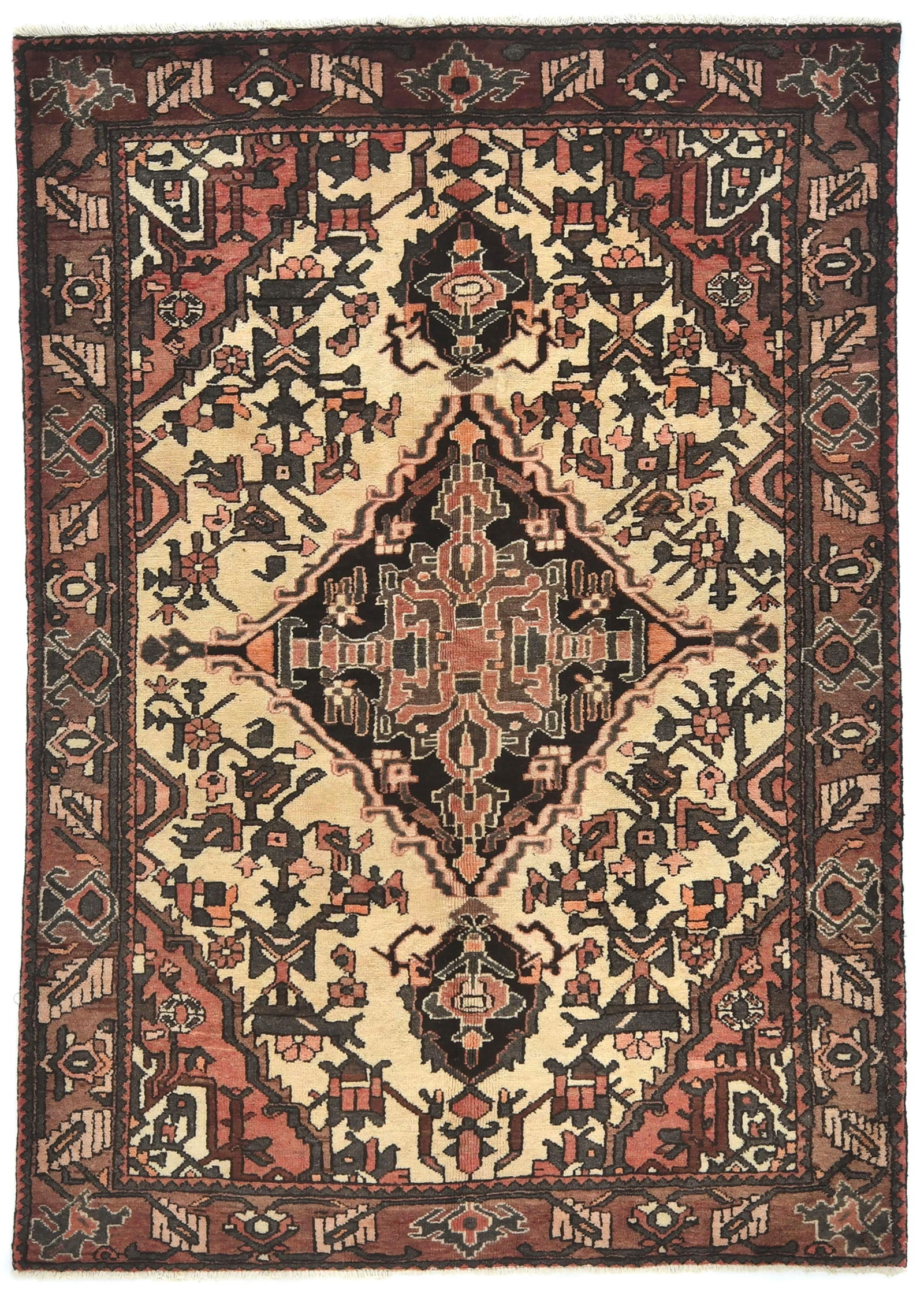 Vintage Cream Floral Tribal 5x8 Hamedan Persian Rug: Title: Vintage Cream Floral Tribal 5x8 Hamedan Persian Rug Description: Hand-knotted in Persia with exceptional tribal weaving craftsmanship Floral design expressed through a bold and traditional trib