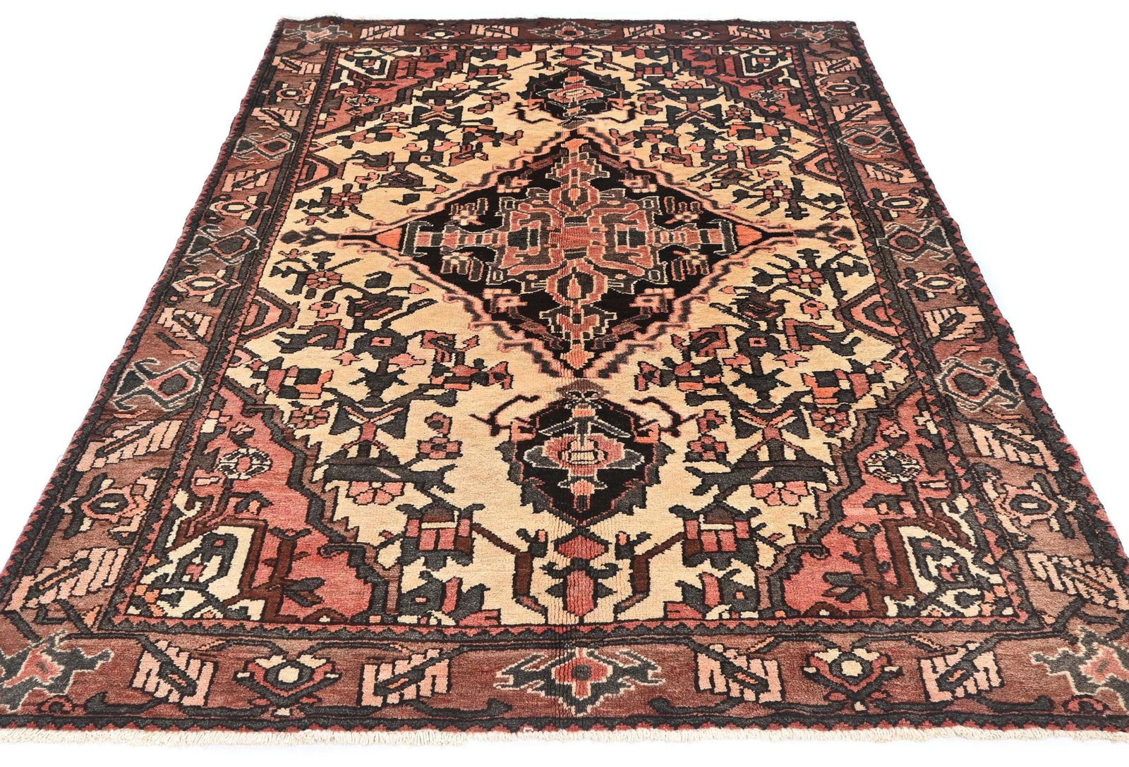 Vintage Cream Floral Tribal 5x8 Hamedan Persian Rug - 2