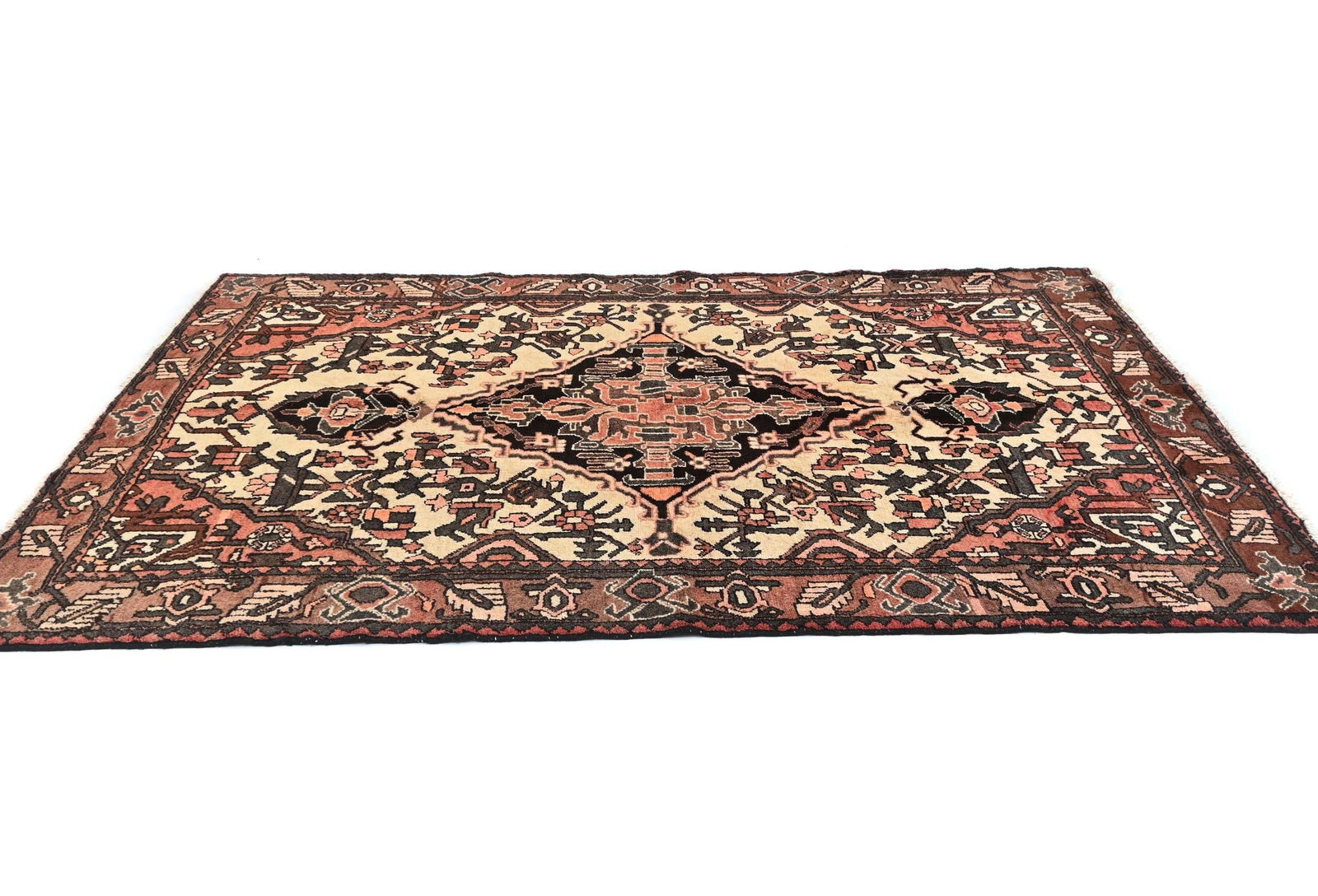 Vintage Cream Floral Tribal 5x8 Hamedan Persian Rug - 4