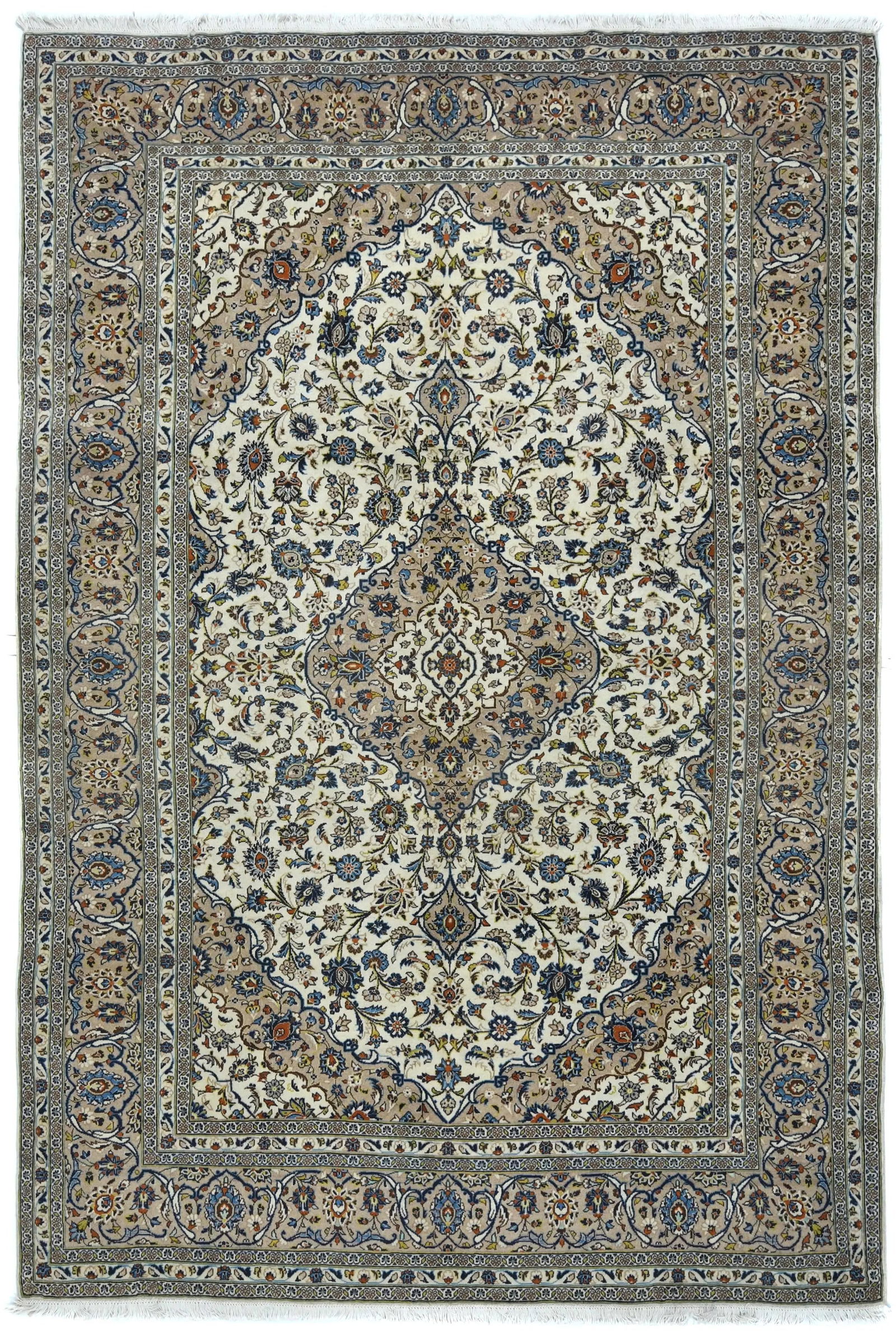 Vintage Cream Floral Traditional 8X12 Kashan Persian Rug: Title: Vintage Cream Floral Traditional 8X12 Kashan Persian RugDescription:Authentic vintage Persian rug, 4050 years old with timeless floral designHand-knotted wool on a sturdy cotton foundation 
