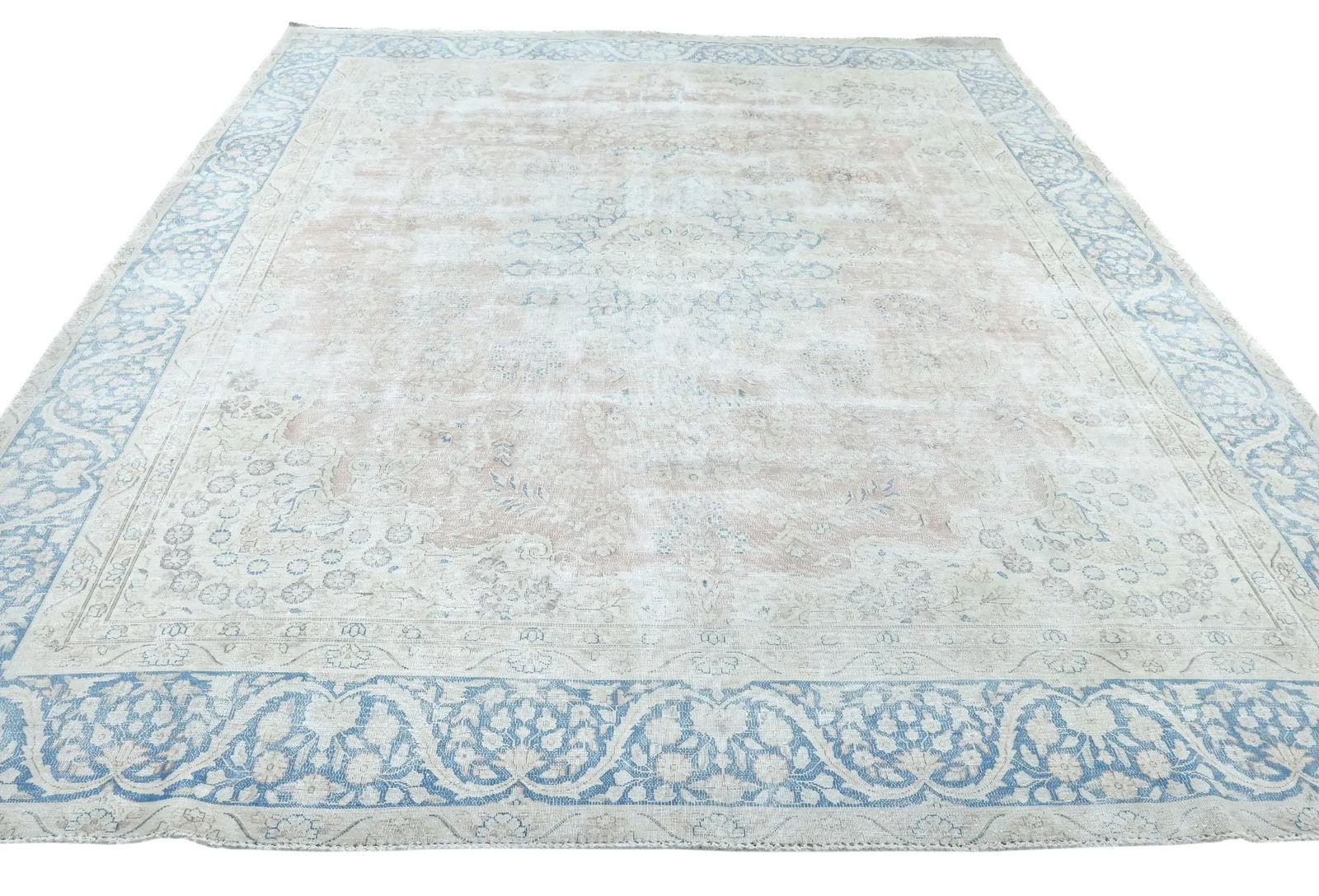 Antique Muted Cream Floral 9X12 Distressed Vintage Oriental Rug - 9