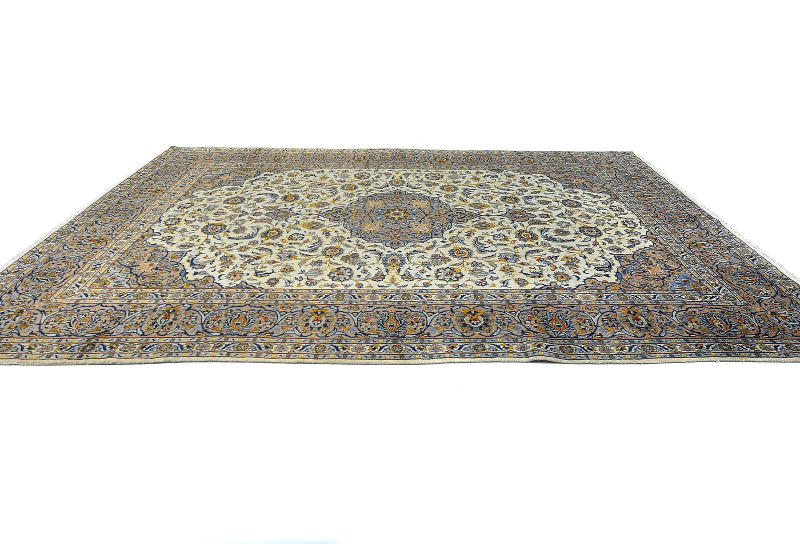 Vintage Cream Floral Traditional 9'6X13'2 Kashan Persian Oriental Rug - 4